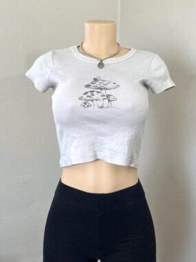 Brandy Melville White Mushroom Graphic Crop Top